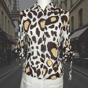 Belissimo NY Petite Large Leopard Print Blouse Ruffle Sleeve Crinkle Top Y2K Bow
